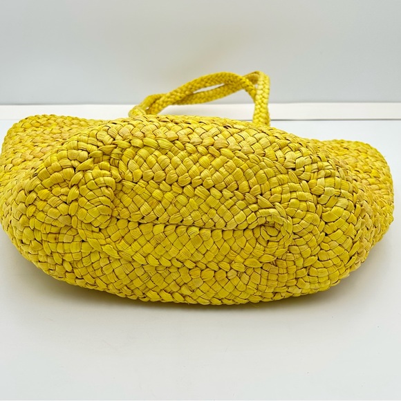 Woven Tote Beach Bag Large Bow Tie Embroidery Polka Dot Lined Yellow NWT Boho - Picture 7 of 13